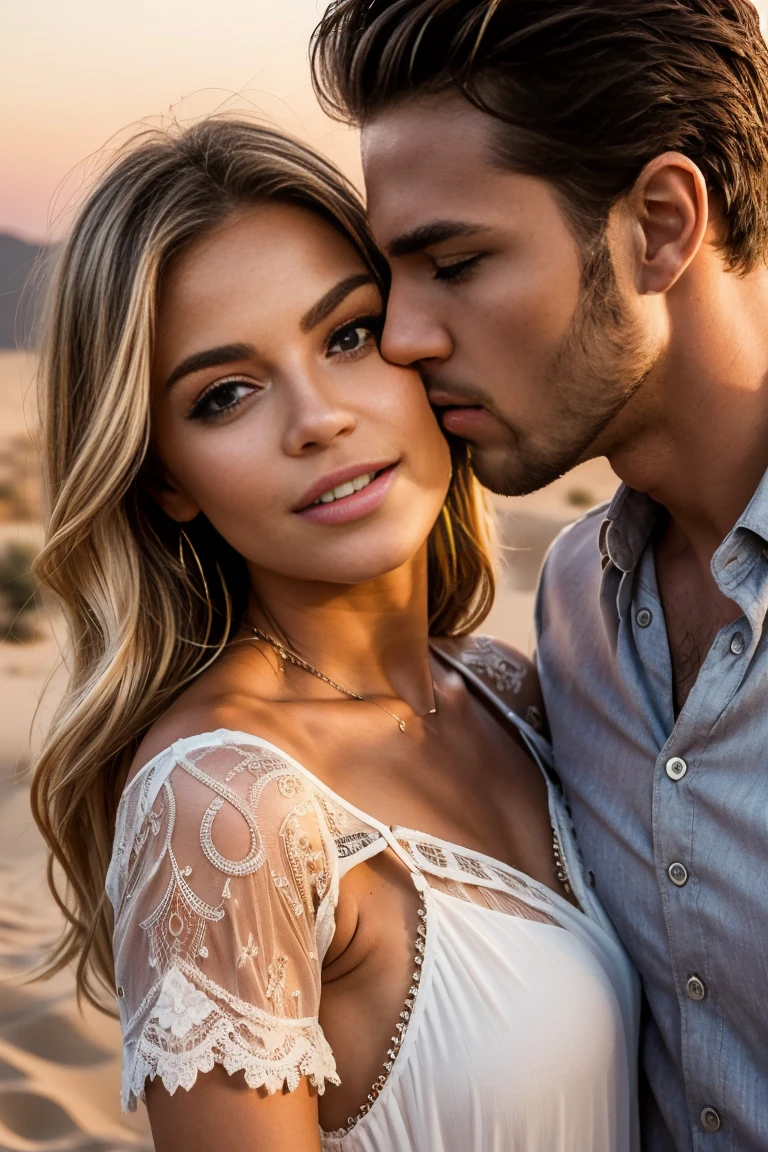 2 Person Date Quad in Desert Sunset. Lovely couple. slim blonde woman wearing summer mini dress with rhinestones and lace. The man is wearing a shirt . He has brown hair. Both look forward into camera photorealistic details. The two kiss. close up shot