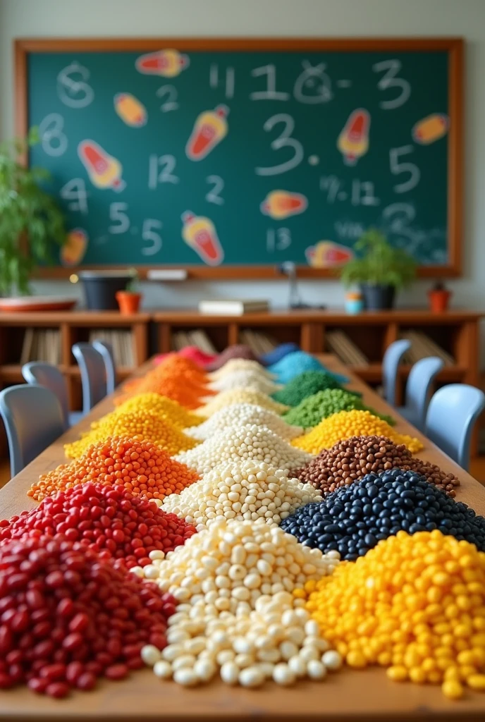 Create an image that clearly shows the decomposition of prime numbers from 2, 3, 5, 7,11,13 (Only with the numbers I gave you, no signs please) using beans or corn for sixth grade students.