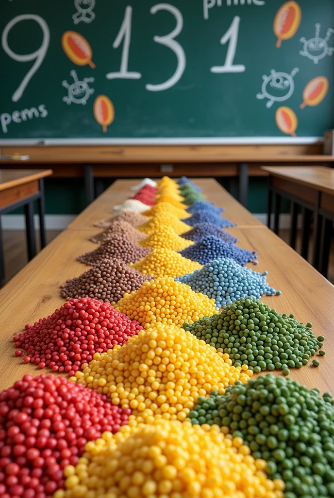 Create an image that clearly shows the decomposition of prime numbers from 2, 3, 5, 7,11,13 (Only with the numbers I gave you, no signs please) using beans or corn for sixth grade students.