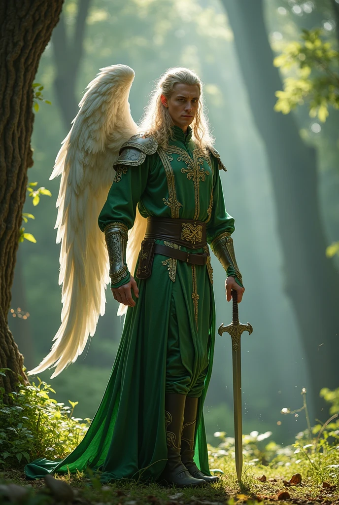Elf man with angelic wings in green clothes, lightly armored wielding a dagger