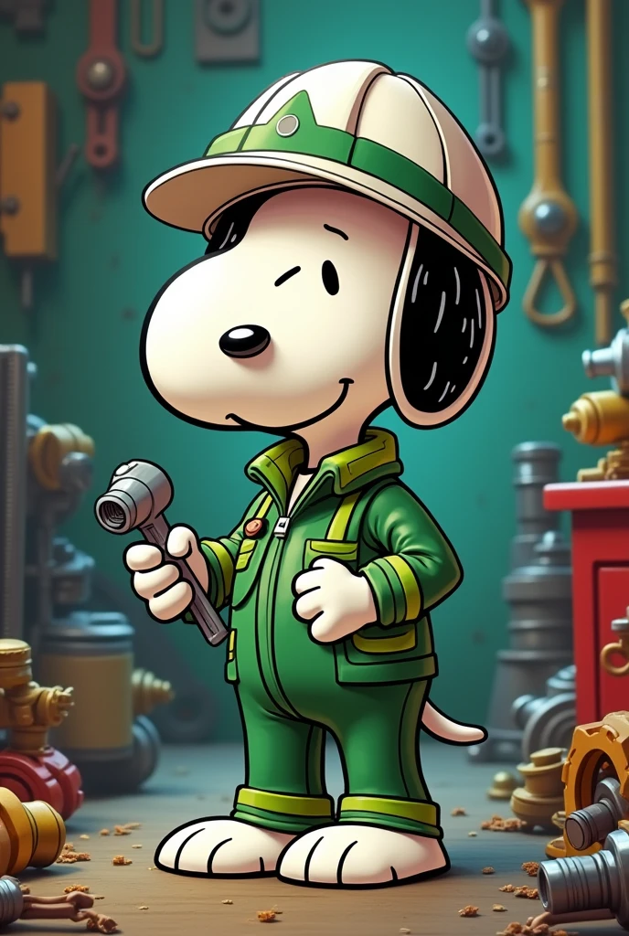 Snoopy cartoon version with industrial maintenance suit with green stripes