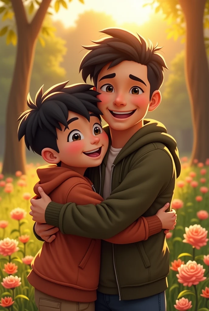 Two people hugging, a tall boy with black hair and a bit chubby with slightly slanted eyes, and a man of medium height.