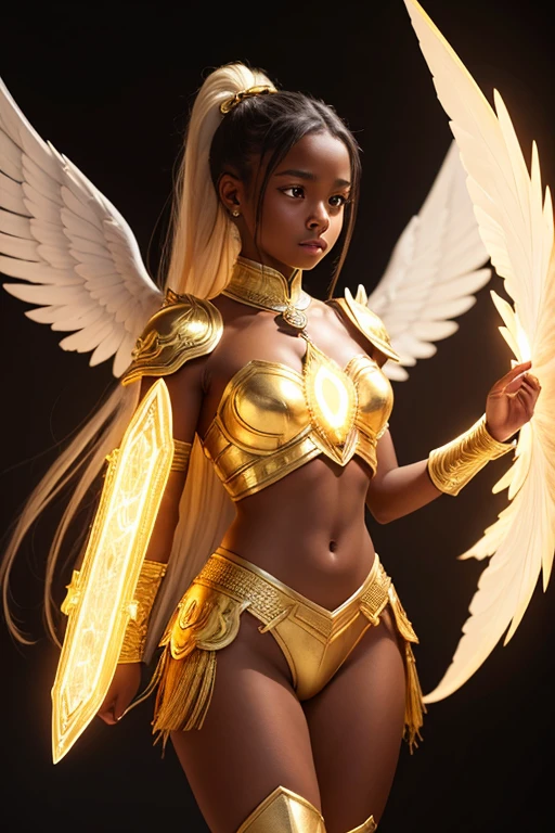 A young 15- yr old native European girl with lovely charminvg face,(dark skin texture masterpiece), (perfect full body detailed anatomy), (Super accessories detailed), (meditating ), (perfect detailed glowing bright eyes),(short ponytail illuminating yellow crystalized hair),Wearing transparent costume of an angel,holding a treasure septer & shield, illuminating different lights covers the sorrounding atmosphere Has beautiful large white wings, The character solemnly praying