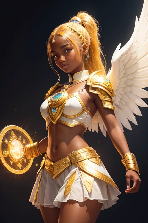 A - yr old nEuropean girl with lovely charminvg face,(dark skin texture masterpiece), (perfect full body detailed anatomy), (Super accessories detailed), (meditating ), (perfect detailed glowing bright eyes),(short ponytail illuminating yellow crystalized hair)，Wearing transparent costume of an angel，holding a treasure septer & shield, illuminating different lights covers the sorrounding atmosphere Has beautiful large white wings, The character solemnly praying 