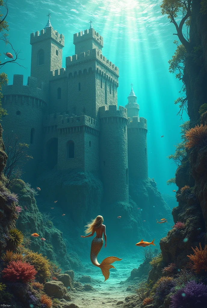 Underwater realm with an old rock e castle and some mermaids swimming in the background