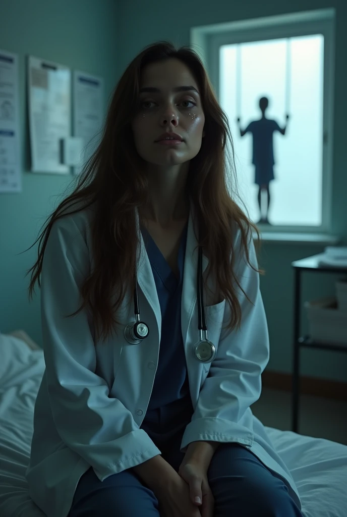 A lady doctor She wears a white coat A stethoscope hangs around her neck She is a beautiful doctor But she sits and cries Behind her a boy hangs from a distance
