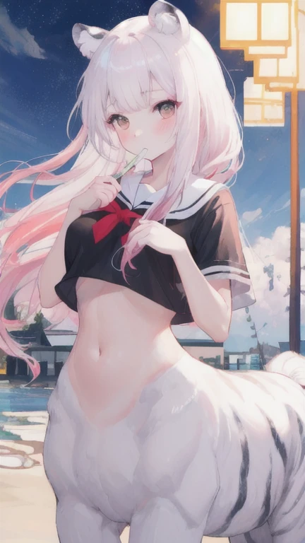 (best quality, masterpiece), 1 girl, centaur, I beg, White skin, Korean schoolgirl,daughter,black pink, exposing the abdomen, belly button t-shirt , beautiful girl perfect, White tiger photo, 완벽한 White tiger photo