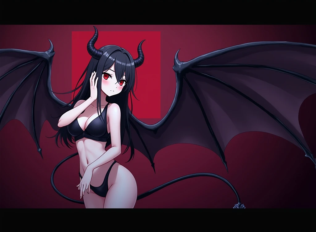 Girl demon, black Horns, Black and Long Hair, Straight hair, Red Eyes, black devil's tail, anime version, full body, black clothes, slim, black wings