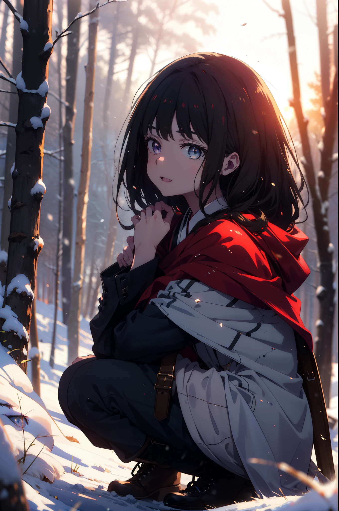Takiuchi, Inoue Check, Long Hair, bangs, Black Hair, (Purple eyes:1.2),smile,
Open your mouth,snow, fire, Outdoor, boots, snowing, From the side, wood, suitcase, Cape, Blurred, forest, nature, Squat, Cape, winter, Written boundary depth, Black shoes, red Cape break looking at viewer, Upper Body, whole body, break Outdoor, forest, nature, break (masterpiece:1.2), Highest quality, High resolution, unity 8k wallpaper, (shape:0.8), (Beautiful and beautiful eyes:1.6), Highly detailed face, Perfect lighting, Highly detailed CG, (Perfect hands, Perfect Anatomy),