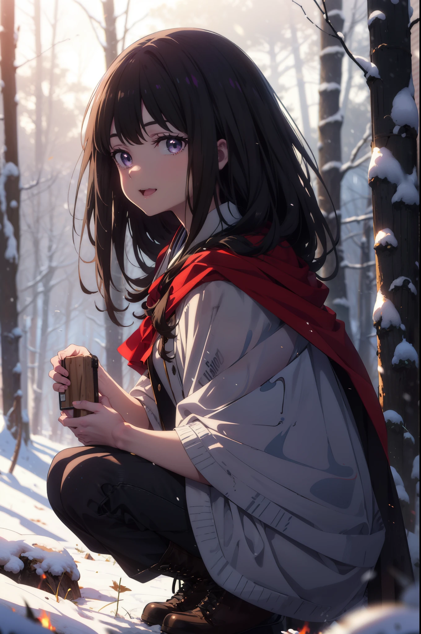 Takiuchi, Inoue Check, Long Hair, bangs, Black Hair, (Purple eyes:1.2),smile,
Open your mouth,snow, fire, Outdoor, boots, snowing, From the side, wood, suitcase, Cape, Blurred, forest, nature, Squat, Cape, winter, Written boundary depth, Black shoes, red Cape break looking at viewer, Upper Body, whole body, break Outdoor, forest, nature, break (masterpiece:1.2), Highest quality, High resolution, unity 8k wallpaper, (shape:0.8), (Beautiful and beautiful eyes:1.6), Highly detailed face, Perfect lighting, Highly detailed CG, (Perfect hands, Perfect Anatomy),