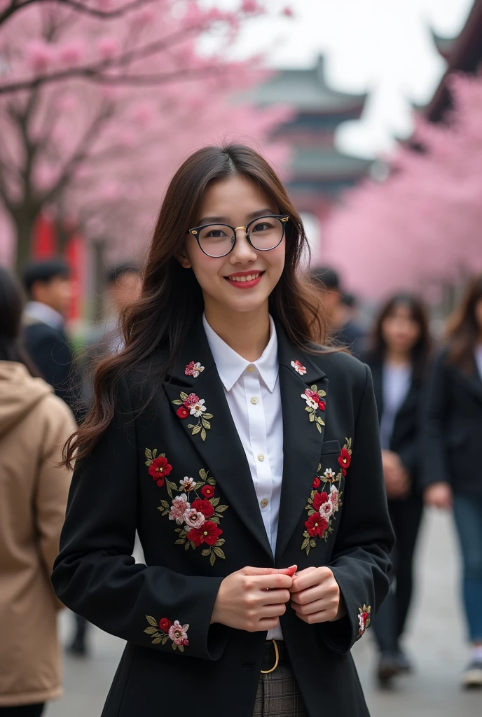 An image of Chinese school girl aged 20. She wears university uniform and it looks posh. She has big boobs, she has monolid eyes and she wears glass.