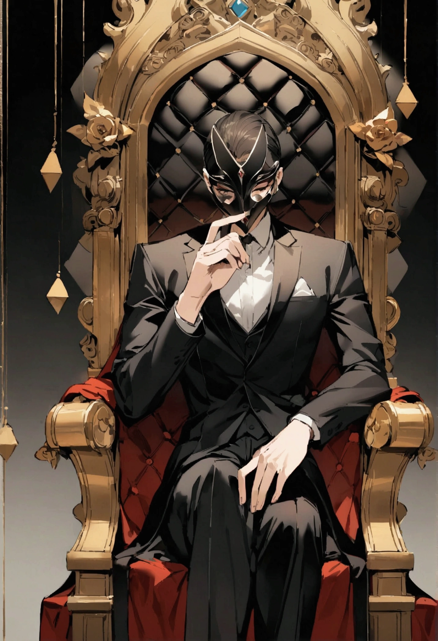young,elegant black suit, Sitting on a throne,In his right hand a string puppet,In his left hand a mask.