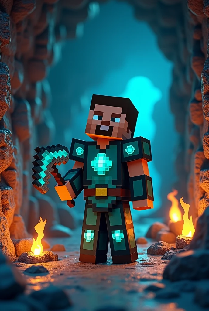 A 3D Minecraft character holding a diamond ore with an iron pickaxe in their hand, against a background of a dark and deep Minecraft cave. 