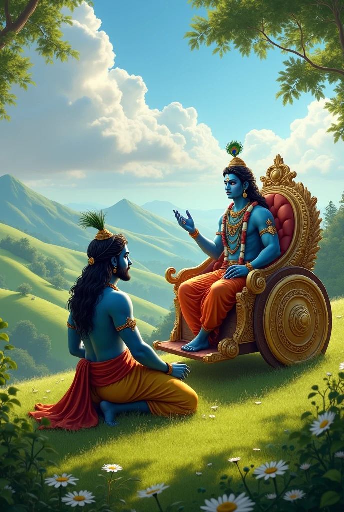 Krishna giving knowledge of Geeta to Arjuna nature beautiful in chariot 