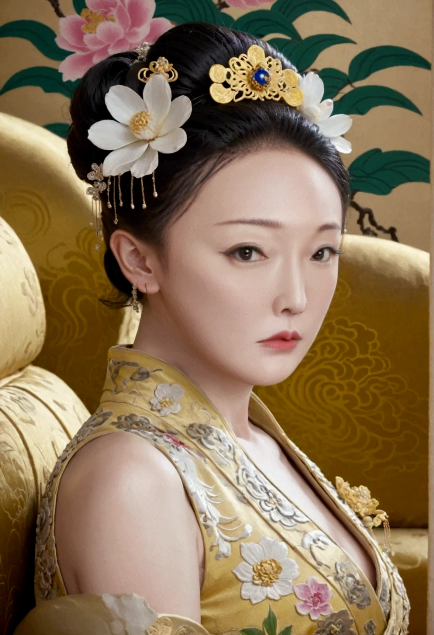 The naked figure of an empress from the Qing Dynasty. Sitting naked on a large golden sofa, looking straight ahead. She has large breasts, her hair is tightly tied, and she wears hairpins and flowers. The background and location of this perverted and erotic woman is the empress of China. The story is set in the luxurious rooms of the empress of the Chinese imperial court during the Qing Dynasty.