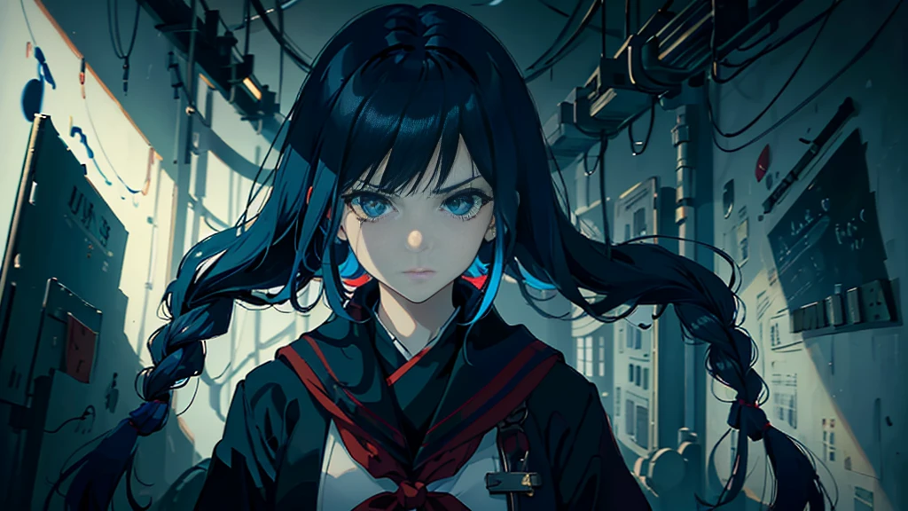 A slightly eerie  girl with dark blue hair in a black sailor uniform with white lines and a red scarf, holding a flask and test tube of different translucent colors in both hands, striking a confident pose. She has a smirk and a haunting gaze that suggests a yandere-like obsession with her experiments, implying a deep love for human personality study. The character is centrally positioned against a background featuring quantum mechanics diagrams, complex mathematical formulas, and a faintly blended DNA double helix, all adding to the ominous atmosphere.