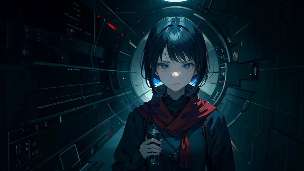 A slightly eerie middle school girl with dark blue hair in a black sailor uniform with white lines and a red scarf, holding a flask and test tube of different translucent colors in both hands, striking a confident pose. She has a smirk and a haunting gaze that suggests a yandere-like obsession with her experiments, implying a deep love for human personality study. The character is centrally positioned against a background featuring quantum mechanics diagrams, complex mathematical formulas, and a faintly blended DNA double helix, all adding to the ominous atmosphere.