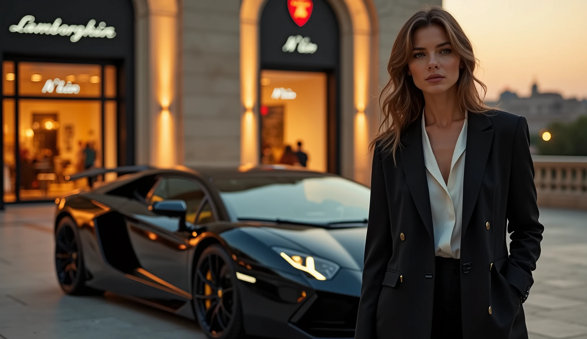 Arafed woman in a black suit standing in front of a black sports car ...