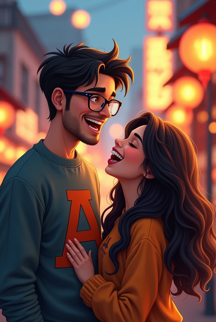 An animated image of a happy young couple in love, the handsome, robust man who is tall, with glasses, dark and short hair, clear skin, semblante serio y with a sweater that says "A", and the thin woman with dark hair, estatura mediana y clear skin, with a sweater that says "A".