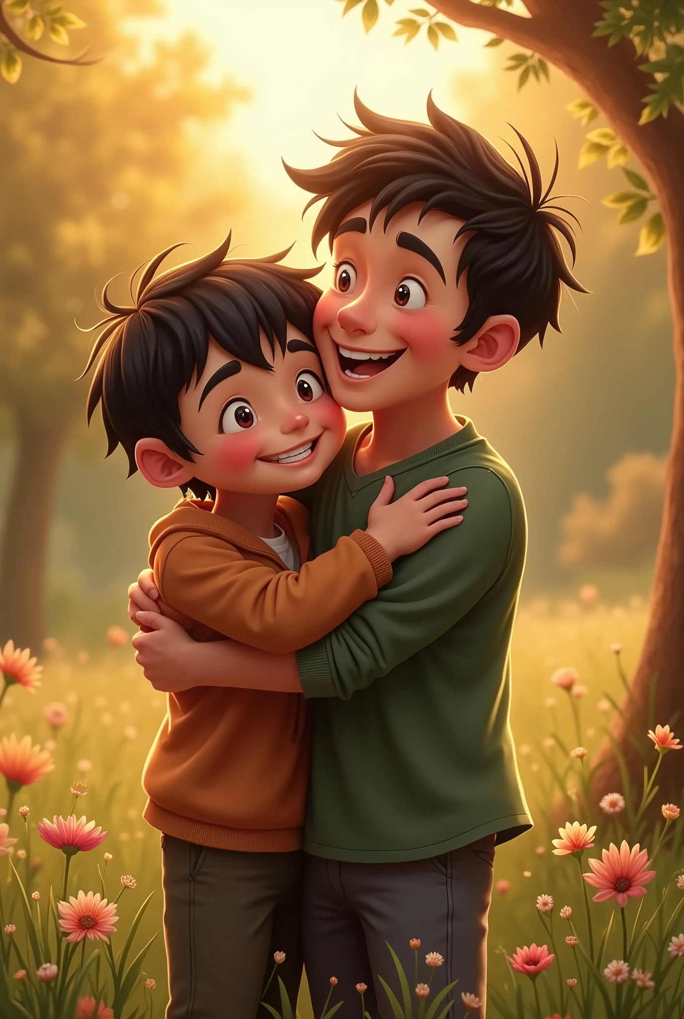 Two people hugging, a tall boy with black hair and a bit chubby with slightly slanted eyes, and a man of medium height.