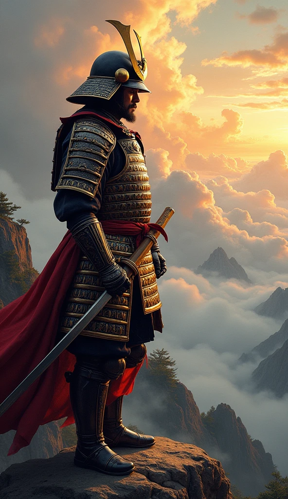 A masterfully painted oil painting of a samurai warrior standing at the top of a mountain, wearing full armor, (best quality,4k,8k,highres,masterpiece:1.2),ultra-detailed,(realistic,photorealistic,photo-realistic:1.37),studio lighting,extreme detail description,professional,vivid colors,samurai,full armor,standing,top of mountain,landscape,dramatic lighting,epic,cinematic,ornate armor,detailed facial features