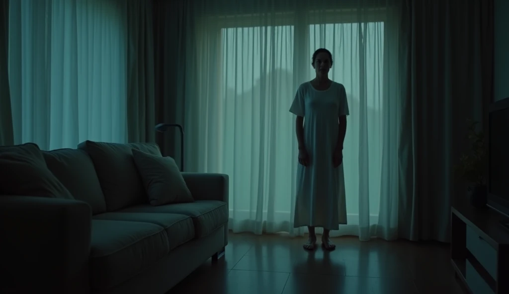 Character: An eerie, ghostly woman in her late 50s, with a pale, almost translucent complexion, wearing a plain, old-fashioned dress. She has a sinister smile on her face as she stands behind of  Abhi. Abhi, in his early 30s, is dressed in casual nightwear, his face showing anger and tension as he looks at his wife
Background: The living room of the flat, with modern furniture but an unsettling atmosphere. The light is dim, casting long shadows across the room. The ghostly woman’s shadow stretches unnaturally on the floor, almost touching Abhi’s feet.