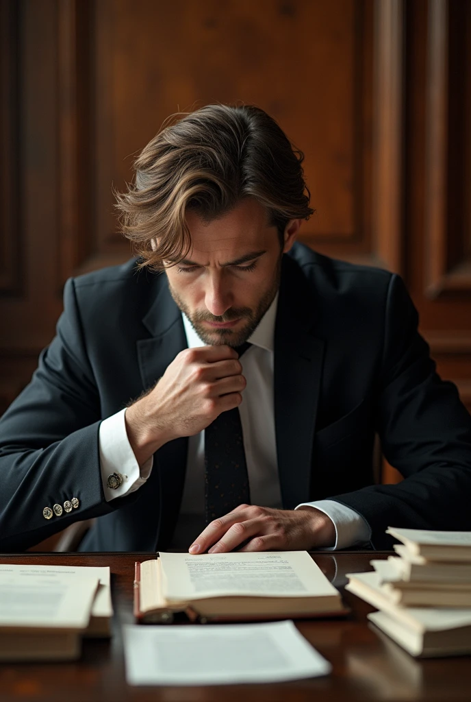 Make me a book cover with Title "Fifth Shade Of Haaland" the background is a man sitting at an office desk taking off his tie with a stack of documents on the table