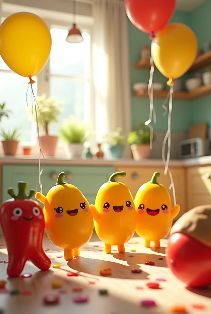 A group of kawaii mangoes, kawaii gummies, kawaii chilies and kawaii potatoes dancing in line, acting crazy 