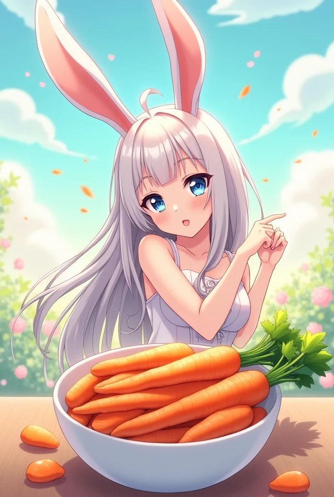 anime girl with bunny ears and blue eyes standing in front of a bowl of carrots, Little bunny, Bunny Lola fanart, with bunny ears, sww version, rabble_charachter, com grandes bunny ears, ahegao, seductive anime girl, white rabbit, long pointy ears, Arte Splash Anime , of the girls on the front line, bunny ears, anime bunnygirl anime girl com bunny ears and blue eyes standing in front of a bowl of carrots, a charachter portrait by Shitao, pixiv, furry art, Little bunny, Bunny Lola fanart, com bunny ears, sww version, rabble_charachter, com grandes bunny ears, ahegao, seductive anime girl, cat white, long pointy ears