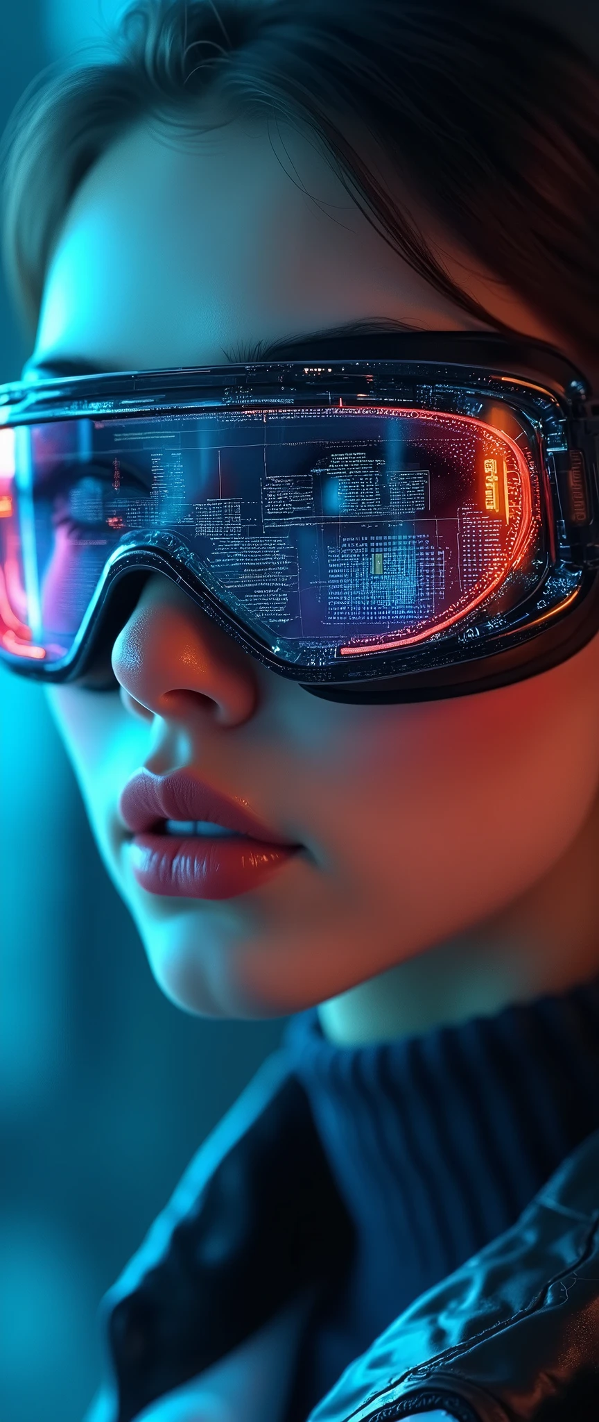 (masterpiece:1.2,Distinguished Quality,Mirror-like,Cinematic Experienc),8k,wallpaper,Ray Tracing,(woman),Are standing,(美しいwoman,sexy:2.0),(Wearing futuristic cyber goggles:2.0,Data displayed on goggles:2.0,Detailed drawing of goggles:2.0),(A face with attention to detail,Detailed skin texture,Beautiful Skin),(Looking into the camera),(front),(Face close-up:2.0),(Server puncture:2.0),(The background is a wall of data:2.0)