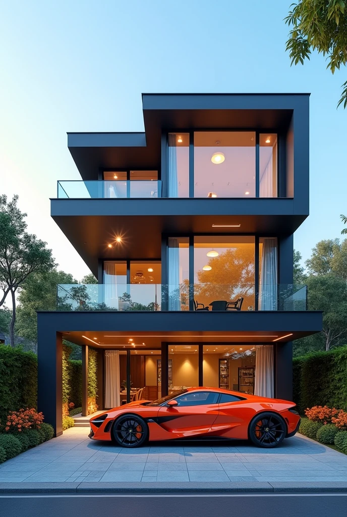 create decoration of house, front look, 4 floor, 3D, a sport car on carport
