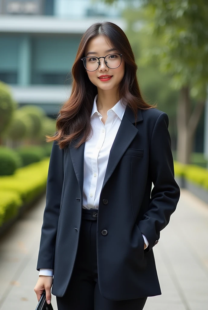 An image of Chinese school girl aged 20. She wears university uniform and it looks posh. But her bust is evident. She has monolid eyes and she wears glass. Her body is curvy. 