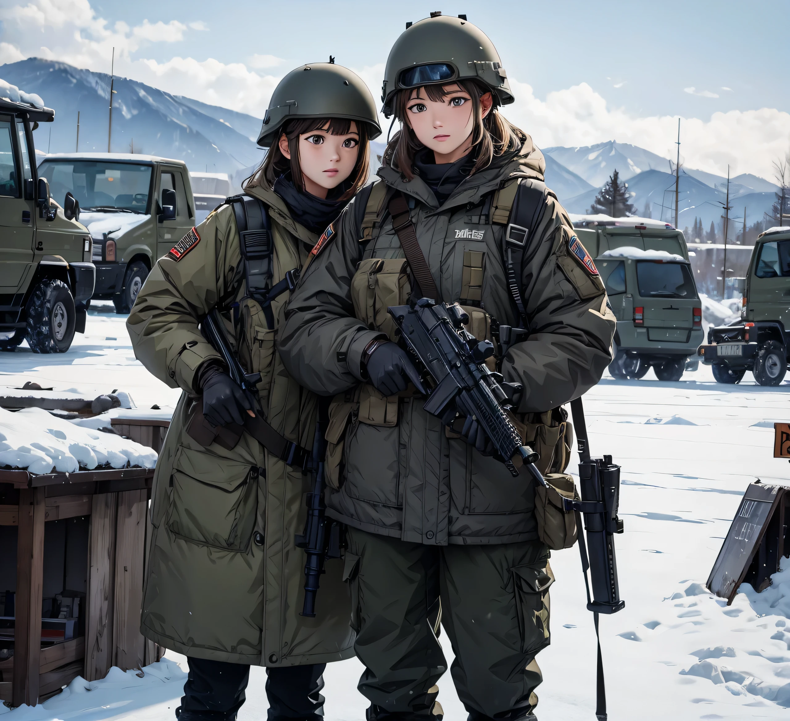 A group of female soldiers wearing gray M-51 heavy coats、Wear a steel helmet、Magazine Pouch、Tactical Shoulder Strap、Standing guard with gun、A snowy military camp、masterpiece、best quality、Highly detailed CG、8K picture quality