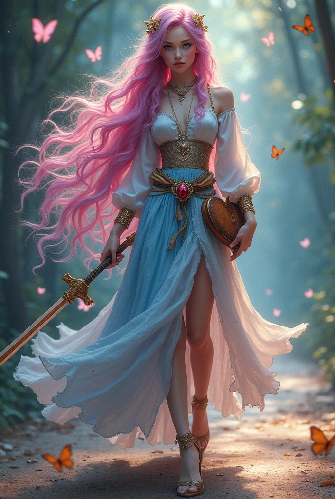 A very sexy girl with long very pink and blue hair that reaches the floor, her skin is quite white and delicate, being covered with tattooed magic runes and a brilliant golden dust, your eyes have heterochromia one is purple and the other green. She wears the robes of a beautiful elegant muse and also likes to wear high heels, She is of noble origin and is the daughter of a genius. She is an adventurer and loves music, ela é uma barda e está sempre com your mandolin em mãos assim como sua bela espada, your mandolin, sword and hair are always surrounded by butterflies, She also wears a ruby ring., Your high heel is very delicate., she also wears a heart shaped necklace.