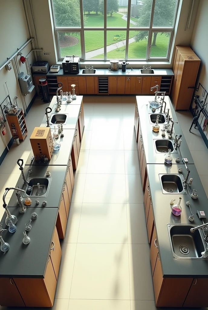 create a floor plan photo of a chemistry lab, with two large workbenches, a cabinet to store the objects, two sinks, a door and windows on opposite sides,