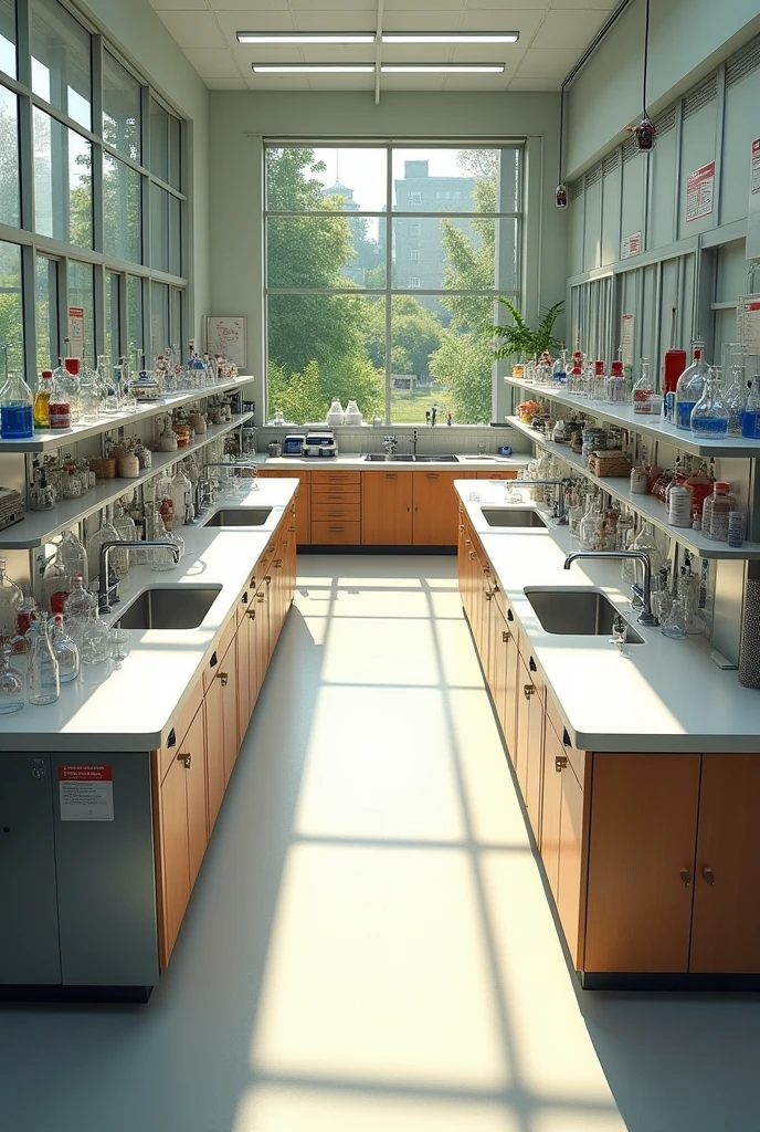 create a floor plan photo of a chemistry lab, with two large workbenches, a cabinet to store the objects, two sinks, a door and windows on opposite sides, 