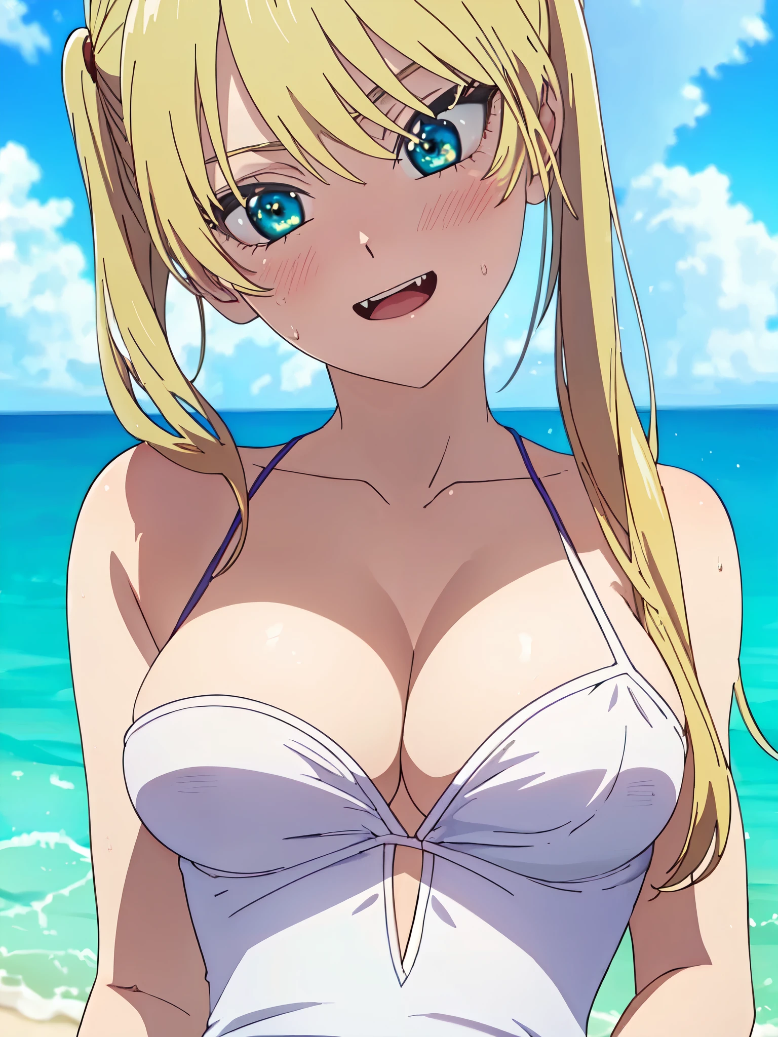 ((((masterpiece、Highest quality、High resolution)、anime)))、Blonde Hair、Big breasted beautiful、(Dynamic pose)、looking at the camera、(Beautiful detailed face、Beautiful big eyes)、((One beautiful person))、Good sensitivity、((Sexy pose))、((Embarrassed face))、Red cheeks、Wear a white dress、A refreshing smile、Walking on the sandy beach of a calm early morning coast.、To show one's canine teeth