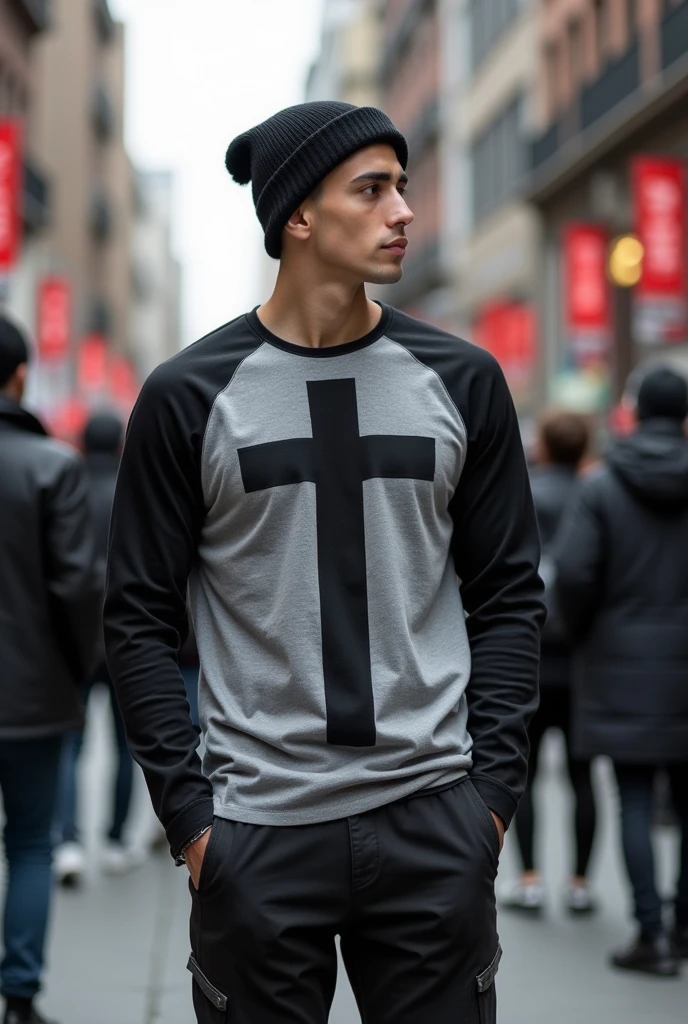 A white-skinned male character with black hair wearing a black beanie, a gray shirt with a cross and black sleeves in the middle of black, and black pants with gray.