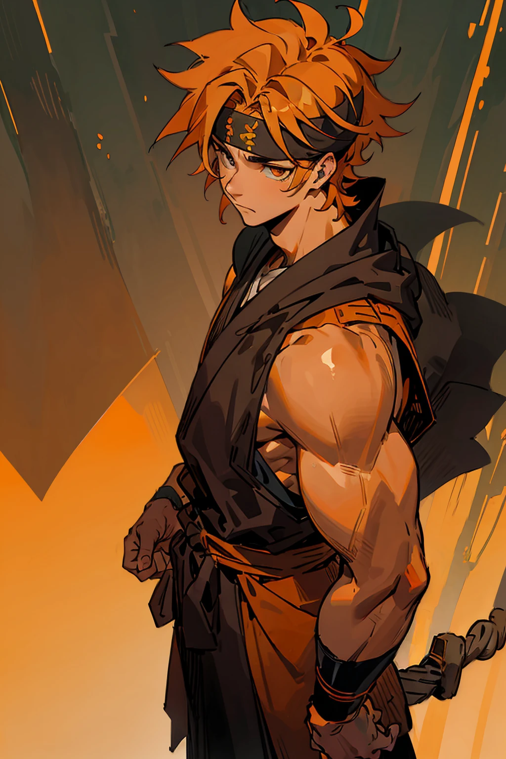 1male, teenager, muscular, (((orange hair, black headband, messy hair,))) dull orange eyes, calm expression, black robes, black haori, sandals, ninja outfit, (((caramel skin, brown skin,))) standing on path, hands to side, ((forest background, detailed background,)) detailed face, facing viewer, standing still