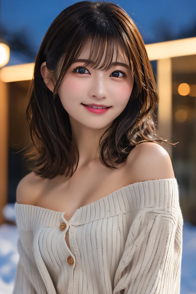 Highest quality, (beautiful)、beautiful女性、、Precision Eyes、Brown eyes、Looking into the camera、Medium Hair、Inward curl hair、Open-front off-shoulder cardigan、night、smile、Snow Scene、Upper Body、naked、Close-up