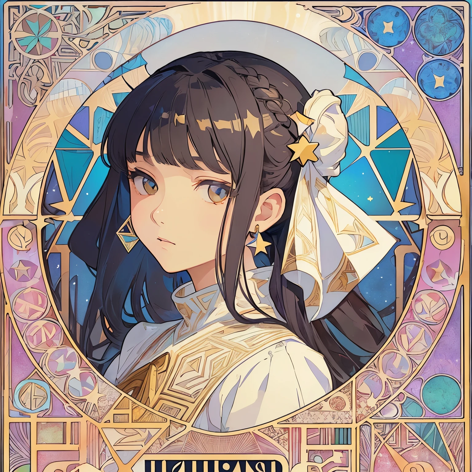 1 girl, (masterpiece, highest quality, highest quality, beautiful and aesthetic: 1.2), (1 girl: 1.3), lots jewelry, delicate clothing, square picture frame, ((face)), sharp pupils, cool face, (Alphonse Mucha's), Traditional Arab dress, color hairstyle, Ultra-detailed, Soft Light, Gentle colors, solo, Bun Hair, dynamic, (((geometric star patterns in the background)))