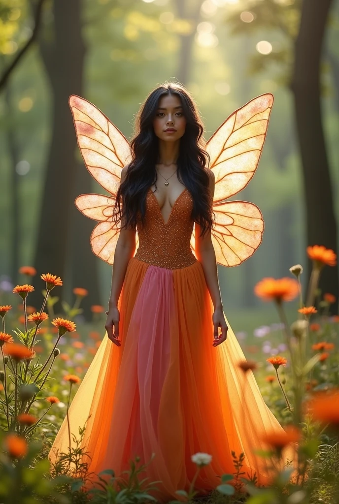 Hi generate and image of a woman fairy grown up with big dark brown eyes; black bouncy long thick hair; and fair skin with a dress made of a transparent shiny material with orange at the top and and bright pink at the buttom of the dress. With wings that are orange and pink.
