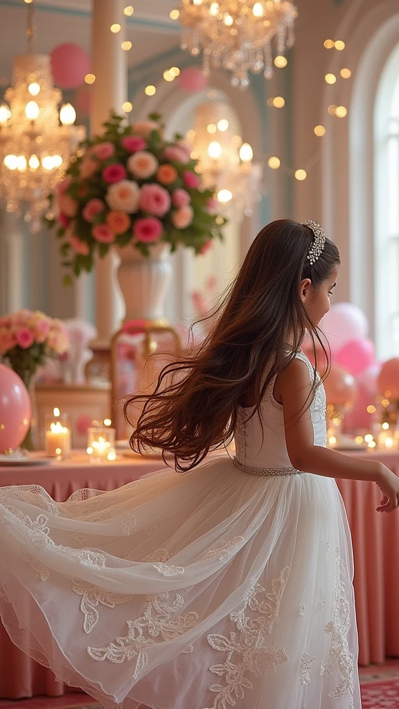Put her in a white princess dress with a party hall in the background