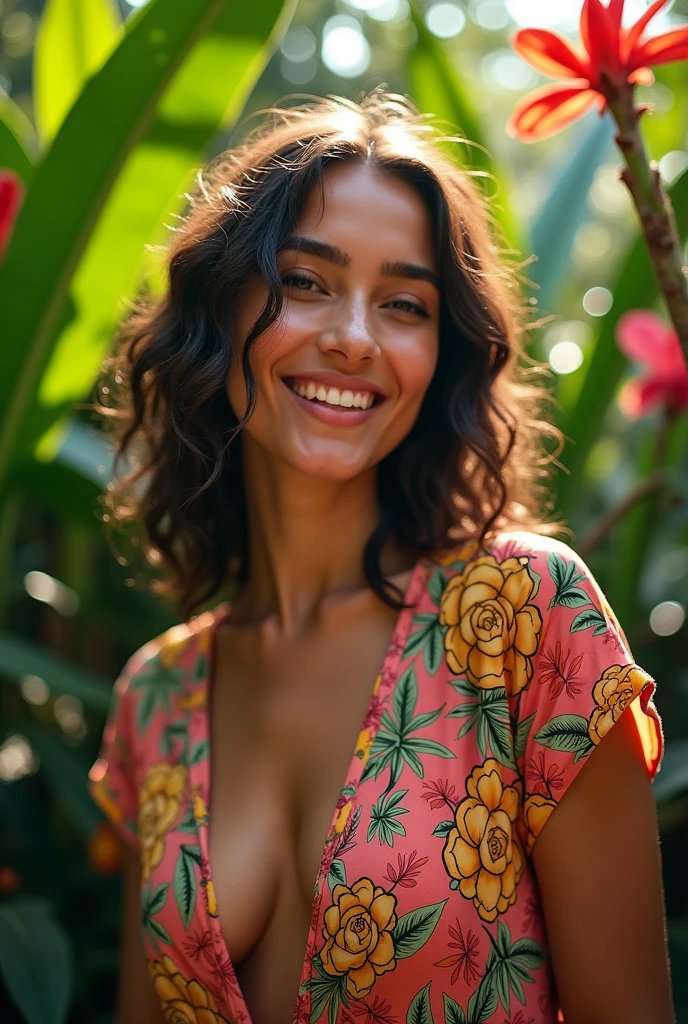 A Brazilian woman in a lush tropical garden, wearing an open shirt with a floral print, with a close-up capturing the harmonious beauty between her breasts and the natural flowers, showing off your natural charm and outgoing personality.