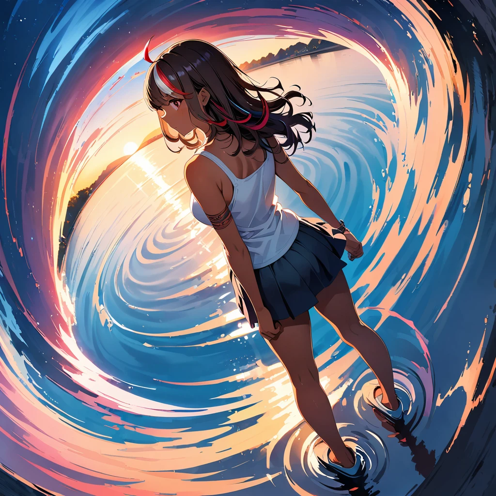 official art, unified 8k wallpaper, super detailed, masterpiece, Best image quality,super wide angle,evening,(one girl is standing), (standing far away:1.9), girl、(25-years-old:1.6), (slim:1.2), tall, medium wave hair, ((red and white (streaked hair:1.6)), highlights hair: 1.5, red eyes, medium breast, (tan skin:1.1), (Floral Fineline tattoo design on left arm:1),tank top, mini skirt, Bright colors、Beautiful fine details、Beautiful lip detail, Standing in the pond,(Backlit:1.5), water is like a mirror,reflecting the sky。look up to the sky,Colorful sunset, Dynamic angle, grace, bright colors, ((from behind:1)), full body