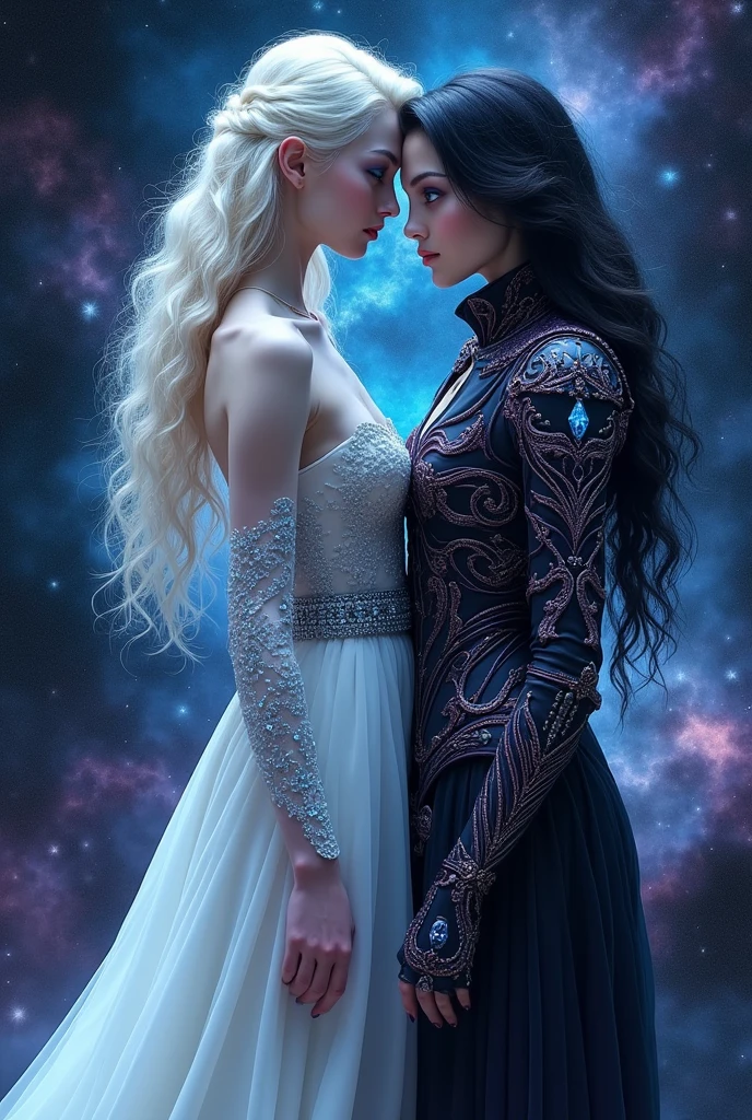 A book cover with a dramatic background in shades of black, blue and purple with various galaxies diffused in a nebula giving an air of mystery. In the front of the background is a white woman, incredibly pale, with white hair and blue eyes. She is wearing a delicate white dress with blue diamonds. She is turned sideways showing only the profile and beside her is her daughter, also a woman, pale with blue eyes but with black hair and wearing a black purple celestial armor. 