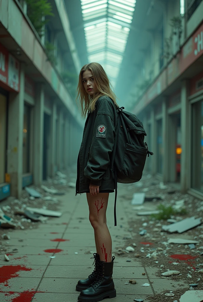 Lisa from Blackpink with a loaded backpack and blood in an abandoned shopping mall 
