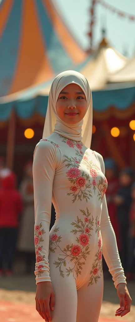 The beautiful and thinest Chinese adult girl with beautiful cheeks wears  and ivory white floral print lycra turtleneck unitard catsuit covered with many floral patterns.She always wear floral print lycra elastane stretchy dancewear hijab-like hood.She is happy at circus.She is take part for contortion as contortionist.