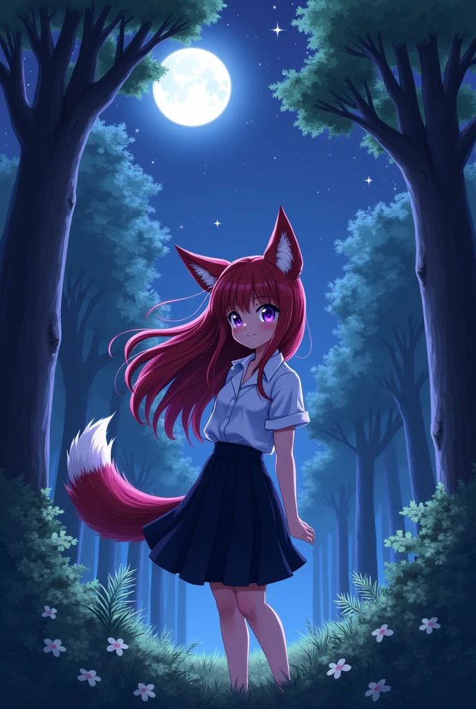 (anime) Furry Wolf Girl Red and black hair White shirt and black skirt and bright lilac eyes and forest landscape at night