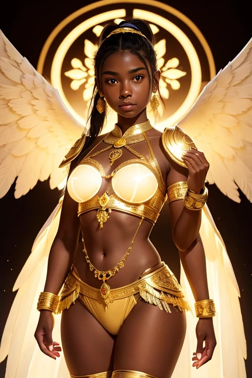 A young 15- yr old native European girl with lovely charminvg face,(dark skin texture masterpiece), (perfect full body detailed anatomy), (Super accessories detailed), (meditating ), (perfect detailed glowing bright eyes),(short ponytail illuminating yellow crystalized hair)，Wearing transparent costume of an angel，holding a treasure septer & shield, illuminating different lights covers the sorrounding atmosphere Has beautiful large white wings, The character solemnly praying 